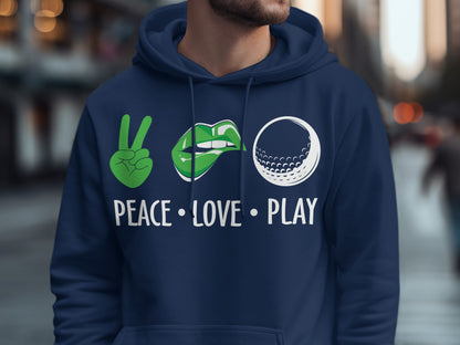 Navy hoodie with peace sign, lips, and golf ball graphic and text.