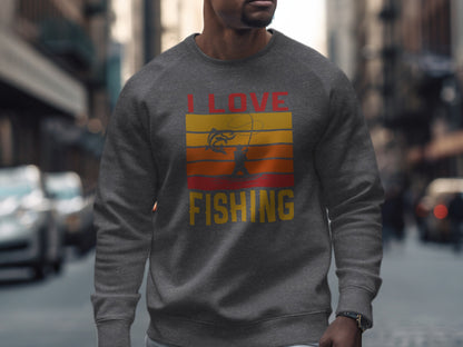Grey sweatshirt with "I Love Fishing" text and sunset graphic.