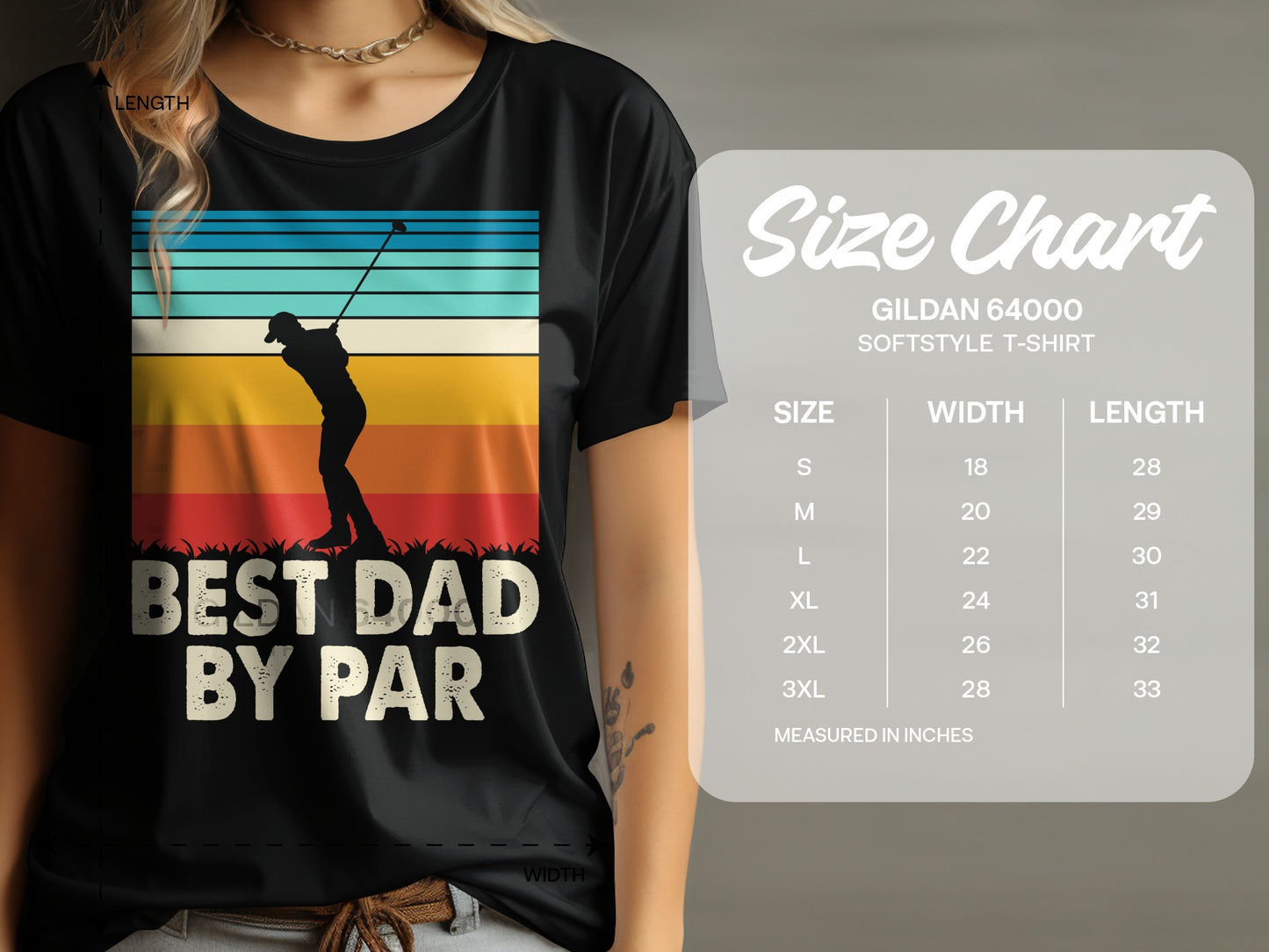 Black t-shirt with "Best Dad By Par" text and golfer graphic. Includes size chart.