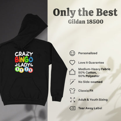 Black Gildan 18500 hoodie with "Crazy Bingo Lady" graphic.