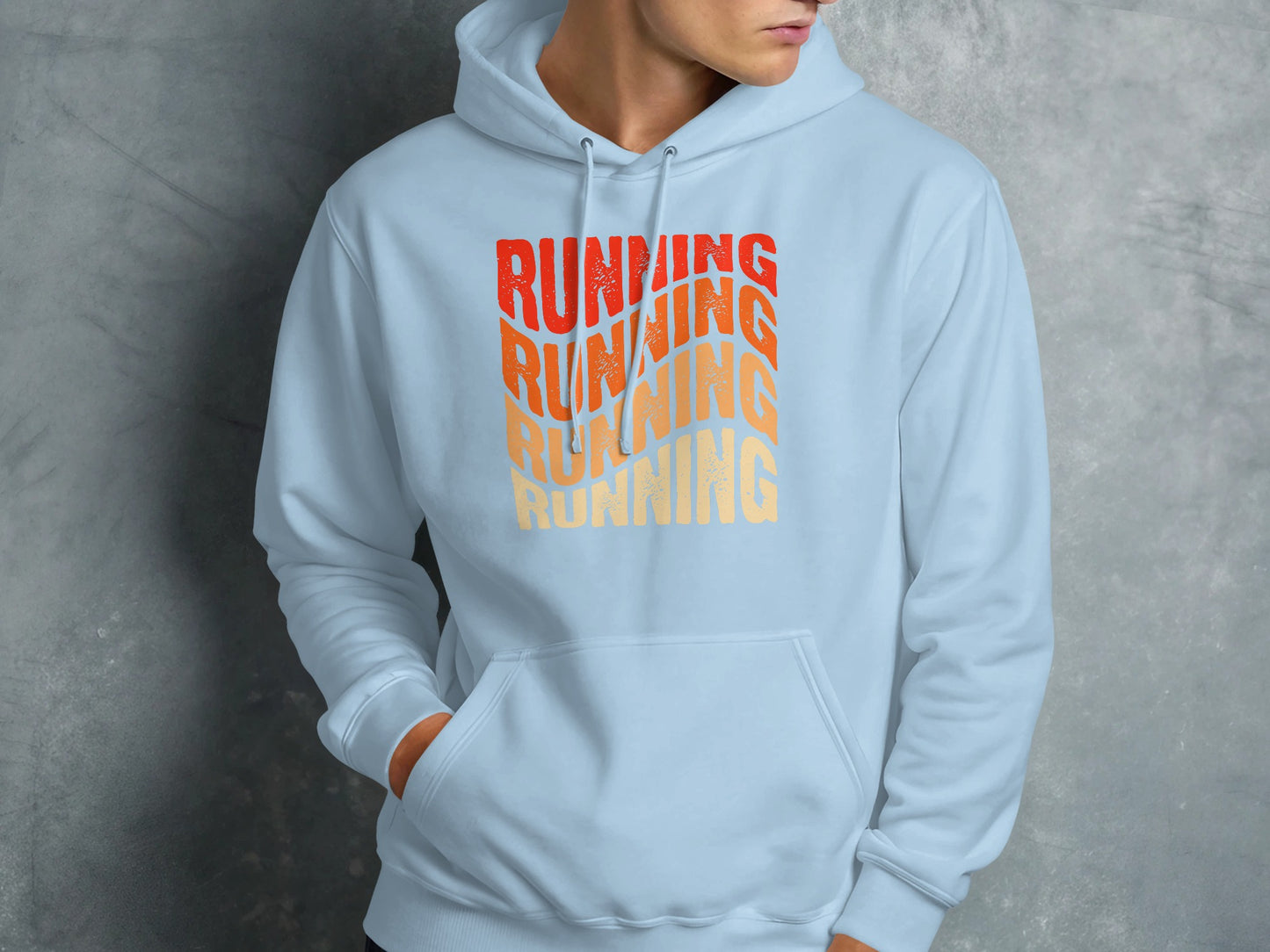 Light blue hoodie with wavy "RUNNING" text in red, orange, and yellow.