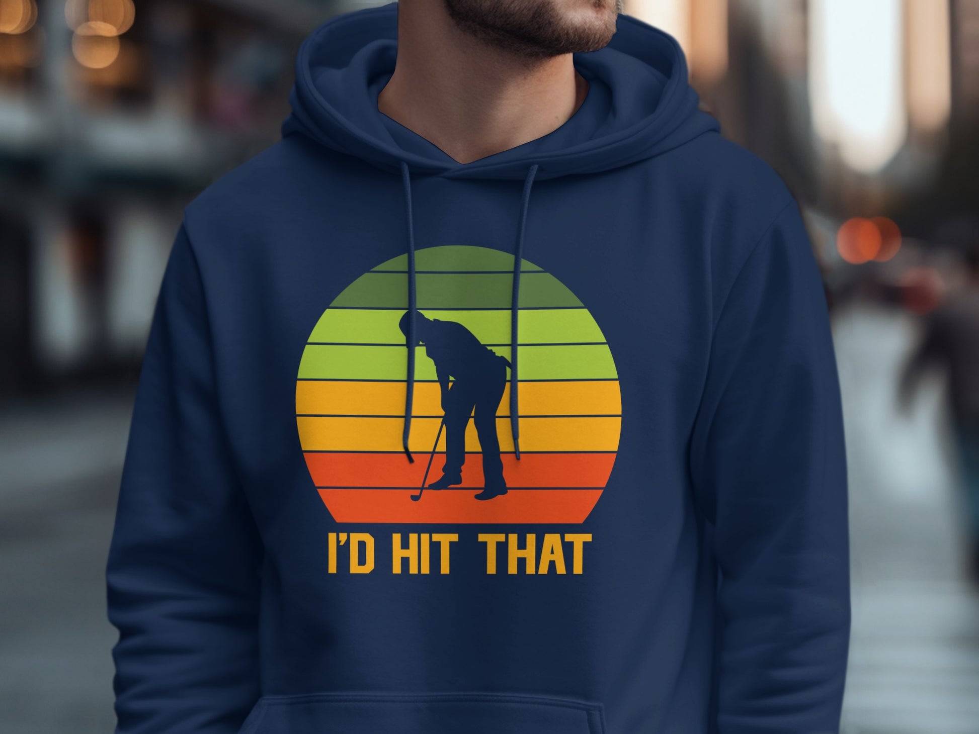 Navy hoodie with a graphic of a golfer and the text "I'D HIT THAT".