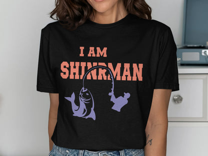 Black t-shirt with "I AM SHIRMAN" text and fishing graphic.