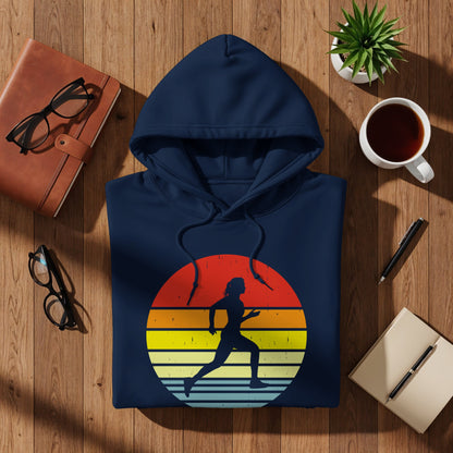 Navy hoodie with a sunset graphic of a running woman.