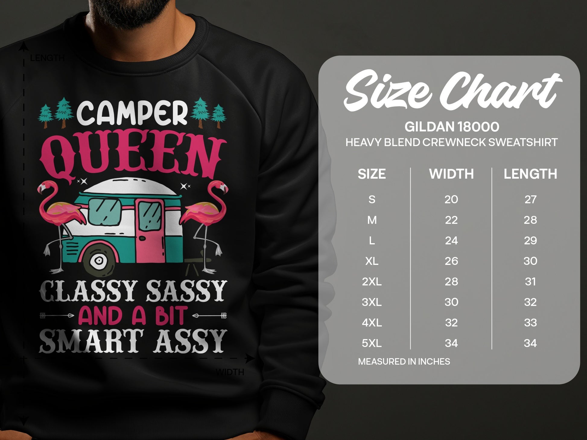 Camper Queen graphic sweatshirt with size chart for Gildan 18000 crewneck sweatshirt.