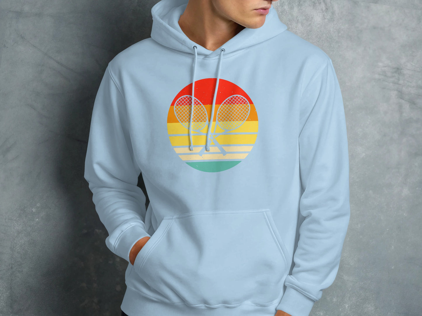 Light blue hoodie with vintage tennis racket and circle graphic.