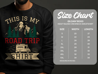 Black sweatshirt with "This Is My Road Trip Shirt" design and size chart.
