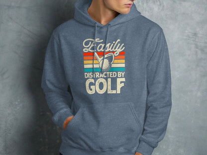 Blue hoodie with "Easily Distracted by GOLF" text and golf ball graphic.