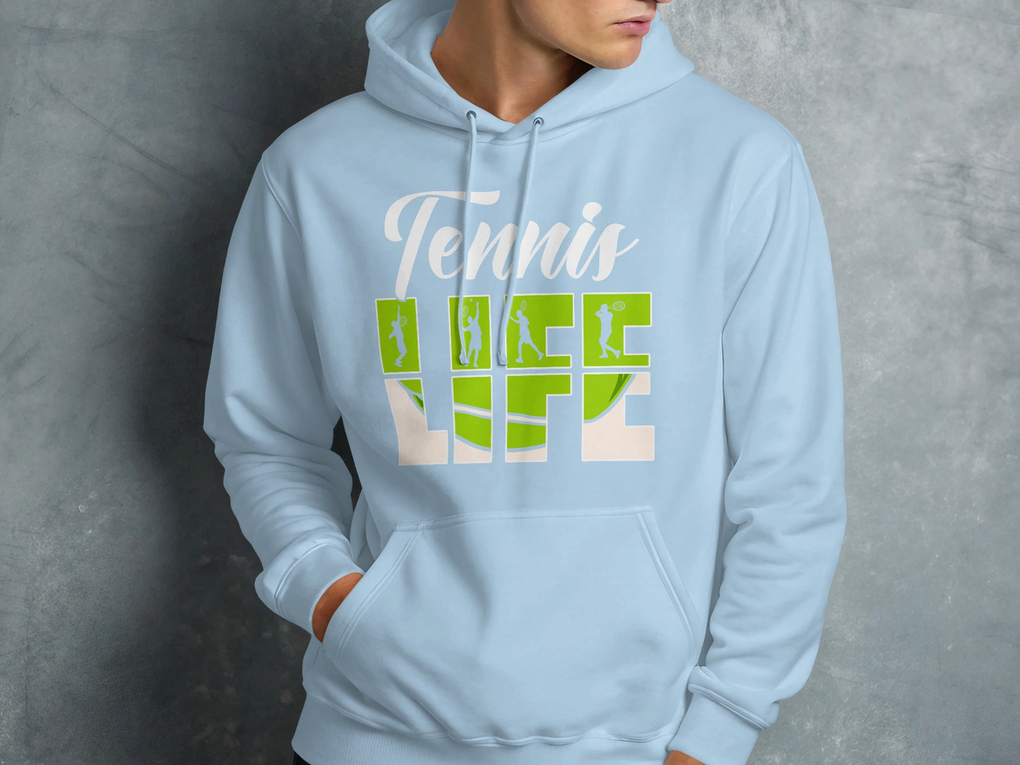 Light blue hoodie with "Tennis Life" text and tennis player graphics.