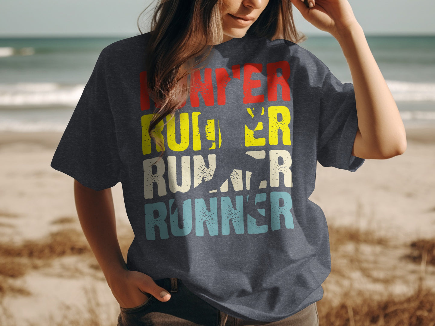 T-shirt with "Runner" text in red, yellow, and blue stripes.