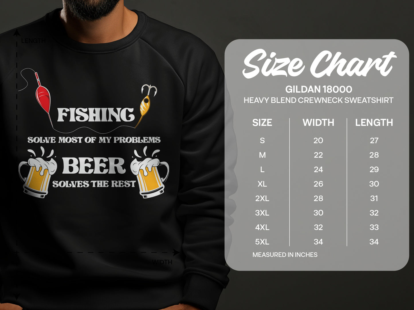 Gildan 18000 sweatshirt size chart with fishing and beer graphic.
