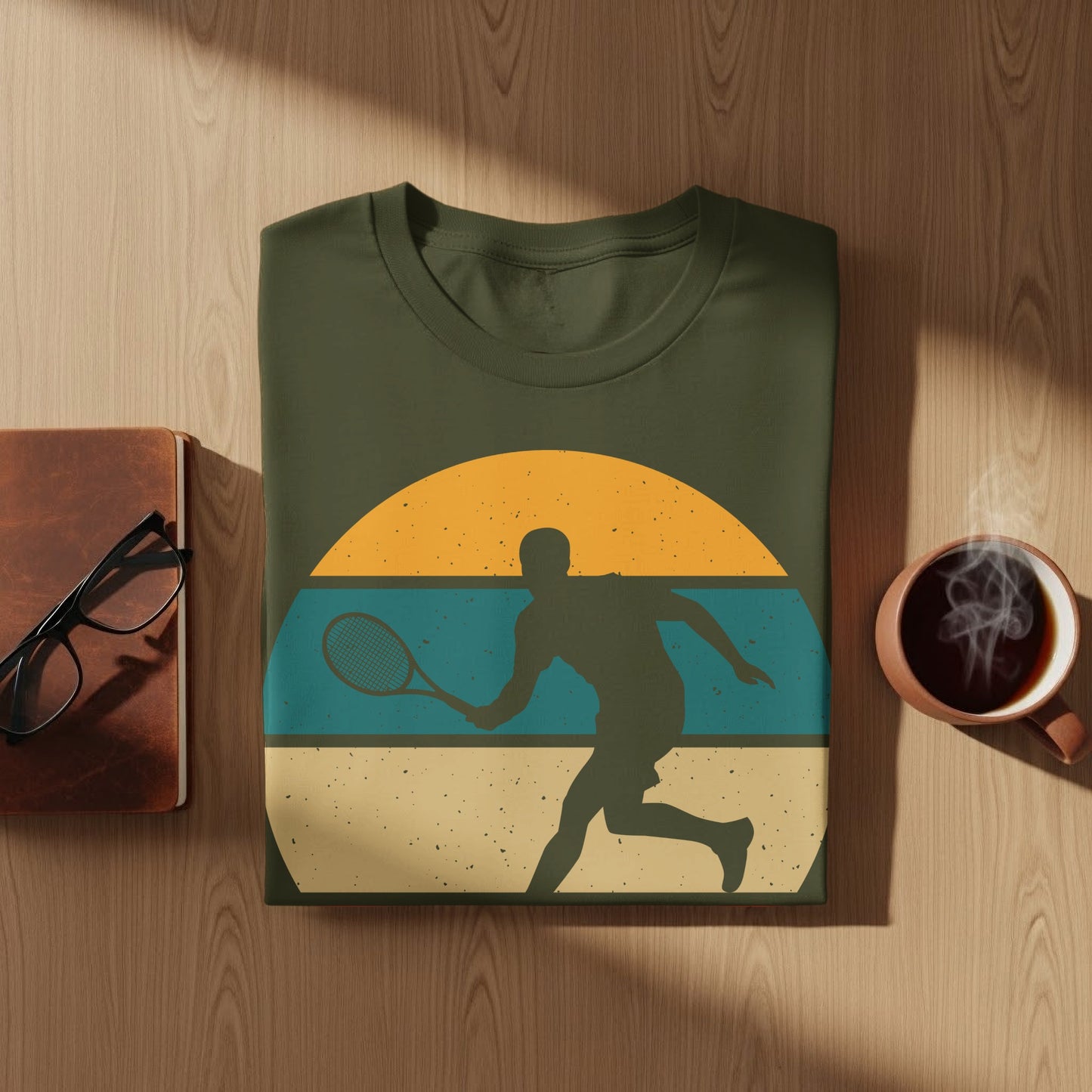Olive green t-shirt with a vintage sunset tennis player graphic.