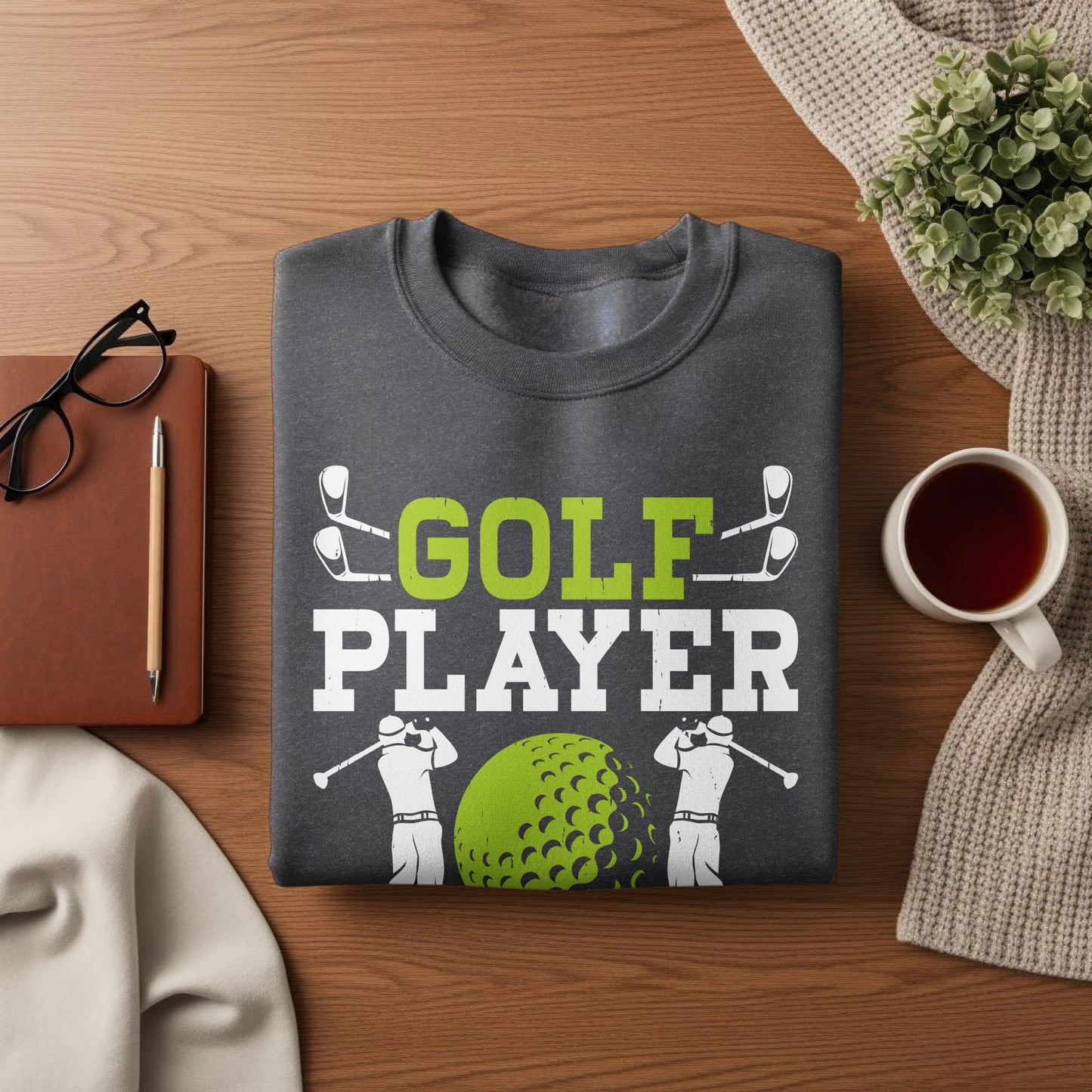 Dark gray sweatshirt with "GOLF PLAYER" text and green golf ball graphic.