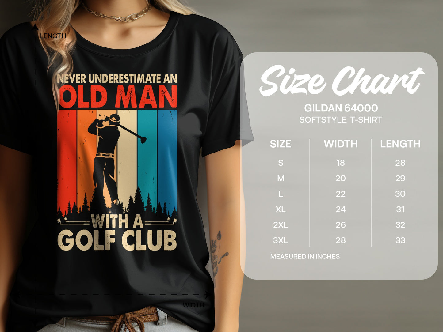 T-shirt with graphic of golfer and text "Never underestimate an old man with a golf club."