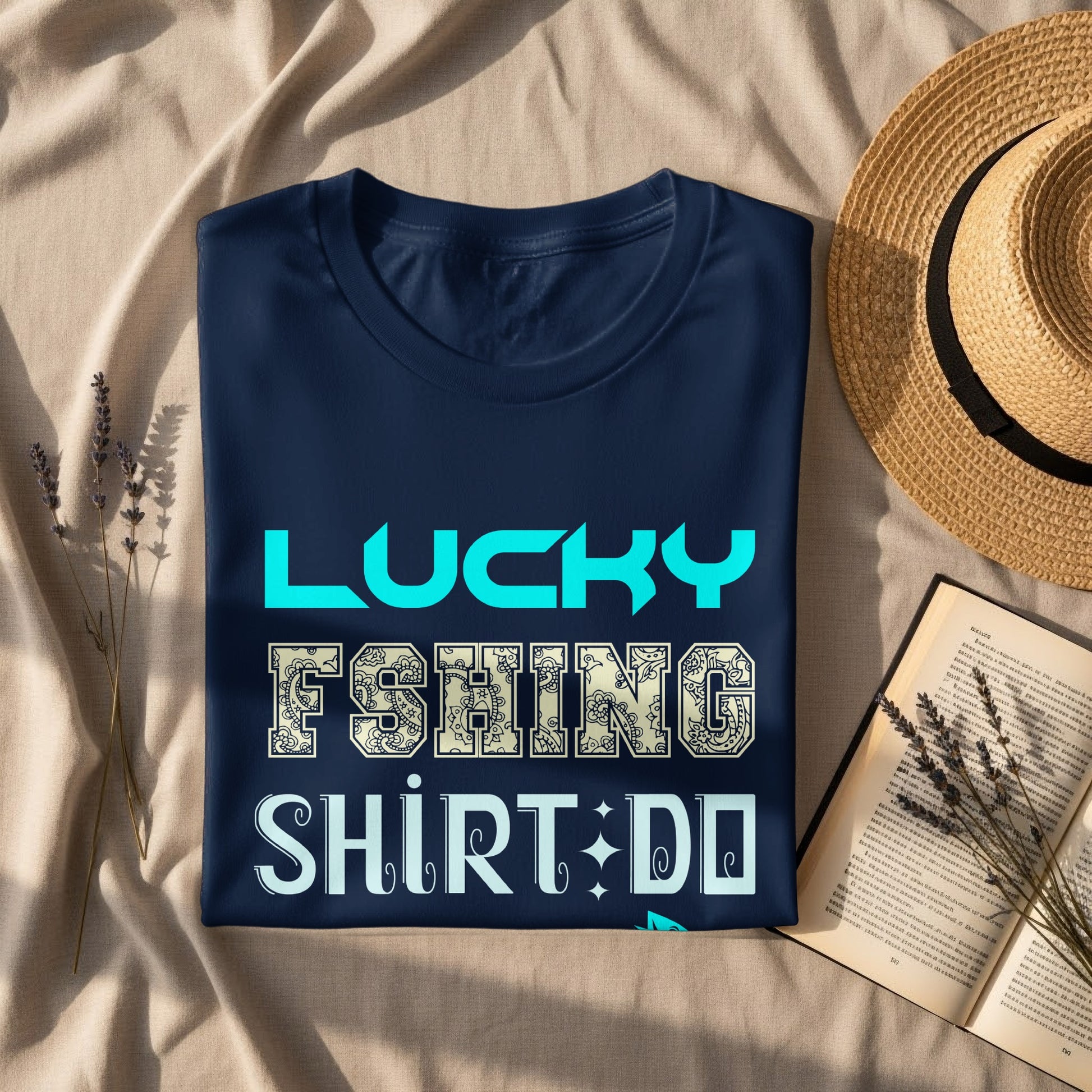 Dark blue t-shirt with "LUCKY FSHING SHIRT DO" text and straw hat.