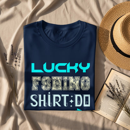 Dark blue t-shirt with "LUCKY FSHING SHIRT DO" text and straw hat.