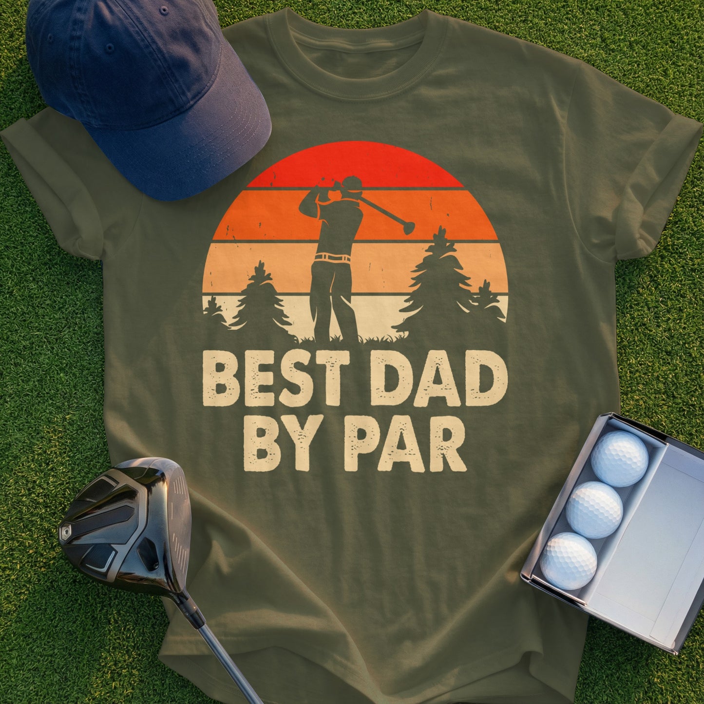 Olive green t-shirt with "BEST DAD BY PAR" and a golfer silhouette graphic.