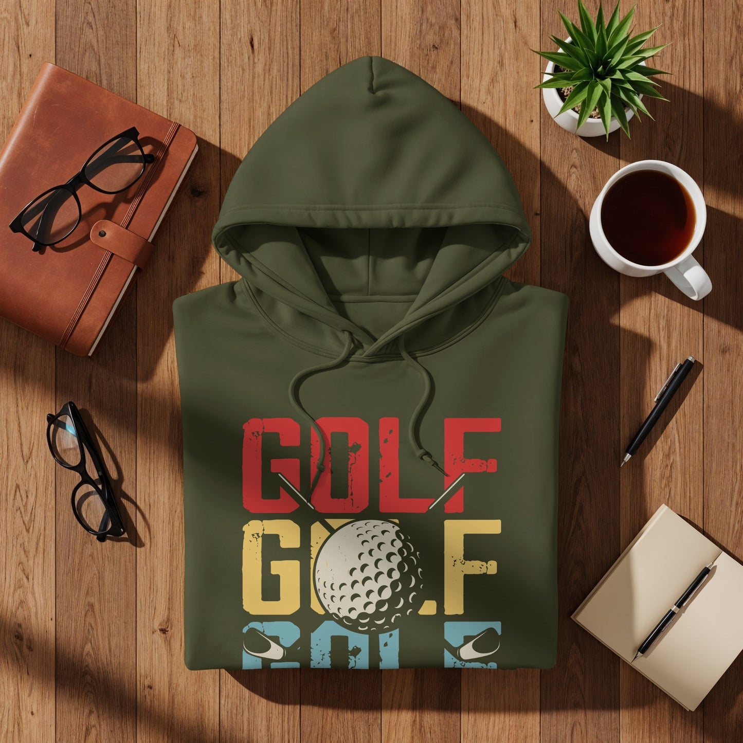 Olive green hoodie with "GOLF" text and golf ball graphic.