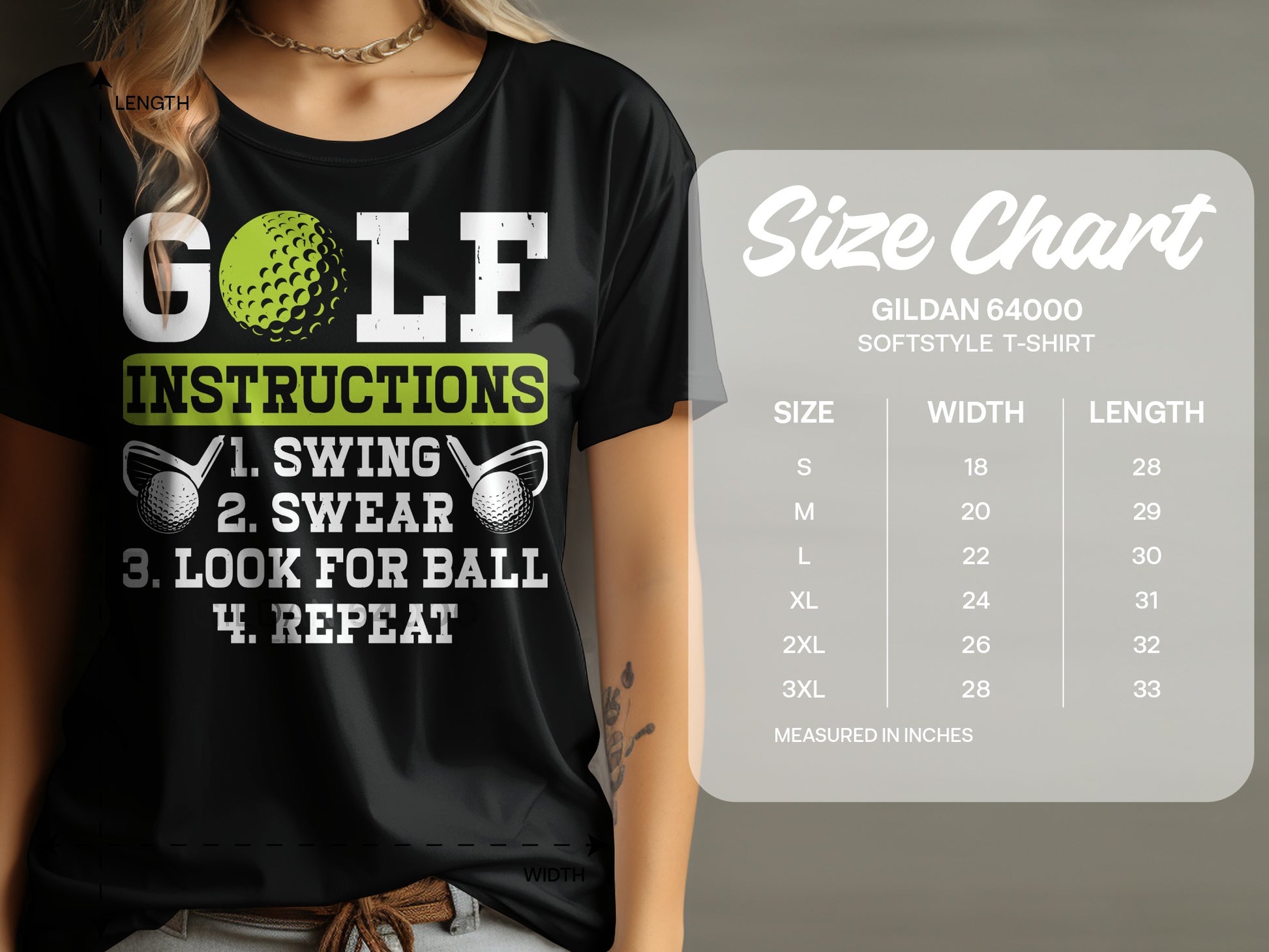Black t-shirt with "GOLF INSTRUCTIONS" and a size chart.