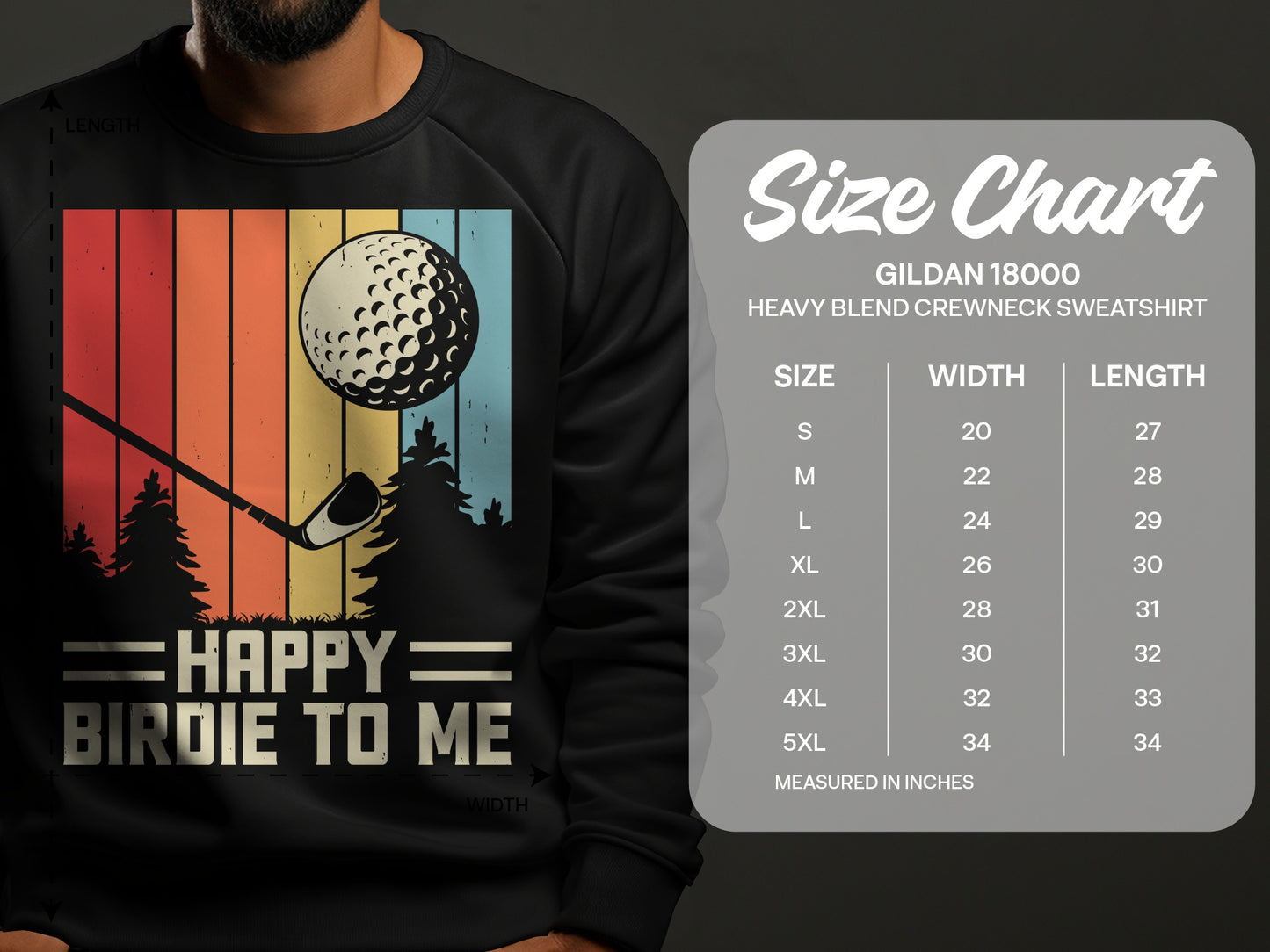 Sweatshirt with vintage golf sunset graphic and size chart.