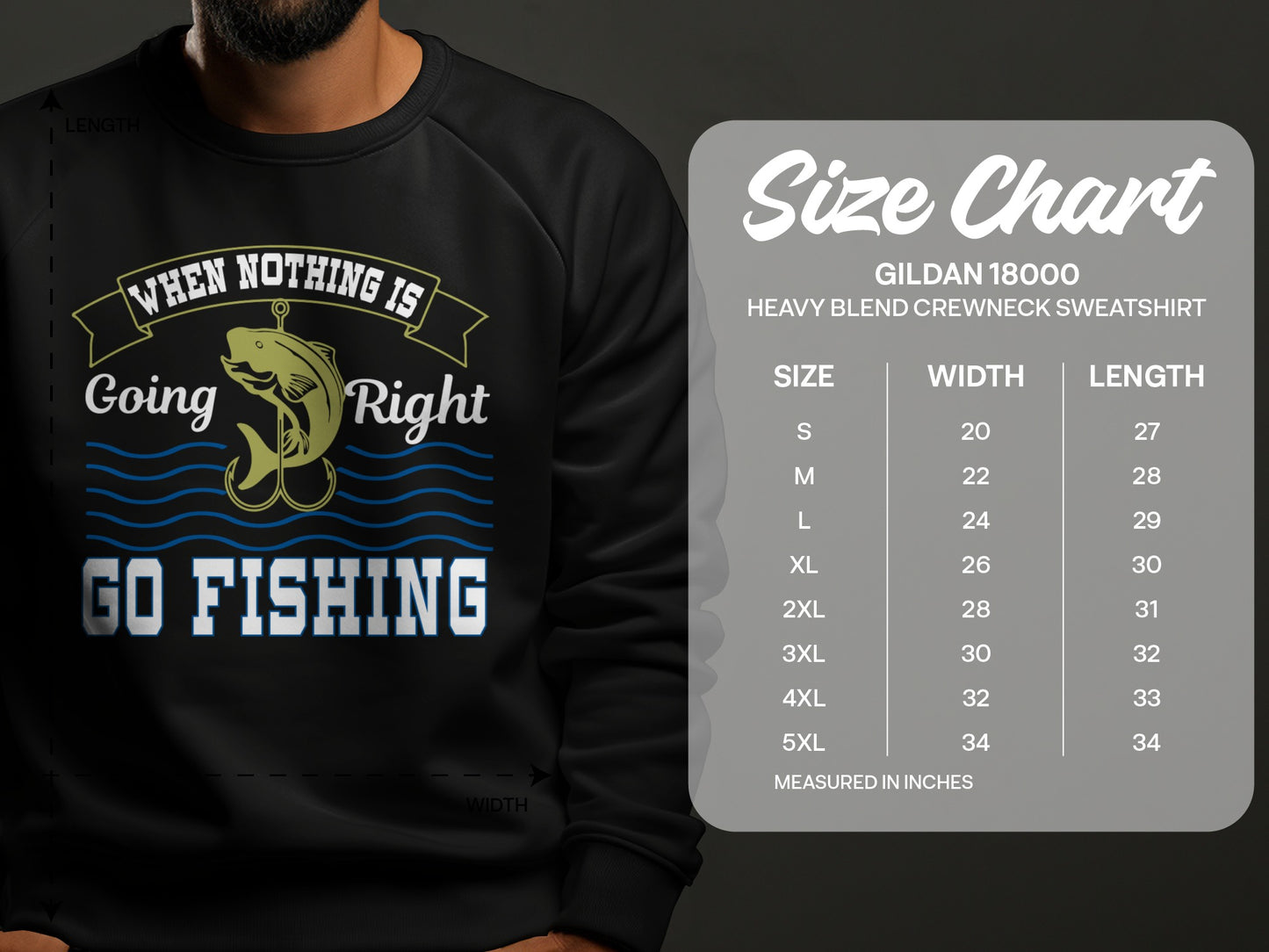 Size chart for Gildan 18000 crewneck sweatshirt with fishing graphic.