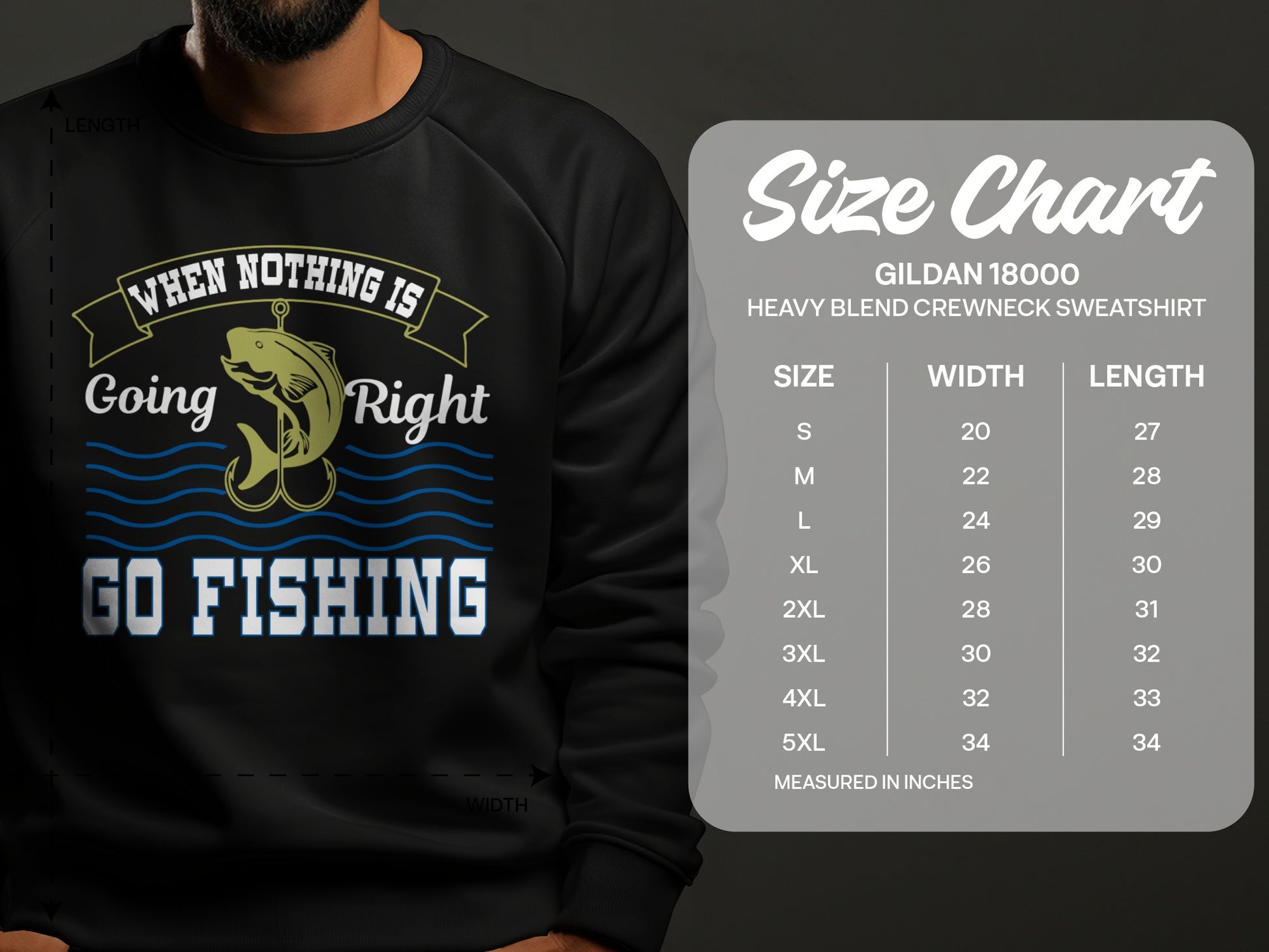 Size chart for Gildan 18000 crewneck sweatshirt with fishing graphic.