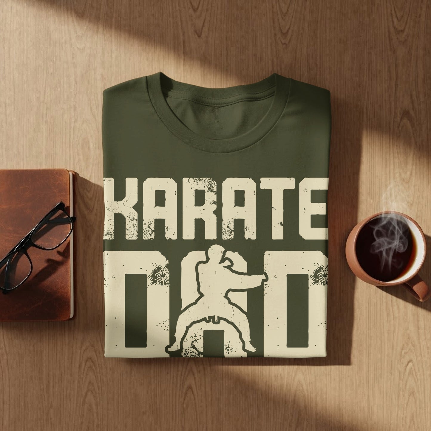 Olive green t-shirt with distressed "KARATE DAD" text and karate figure graphic.