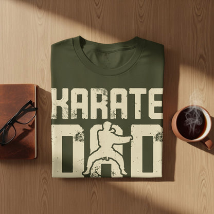 Olive green t-shirt with distressed "KARATE DAD" text and karate figure graphic.