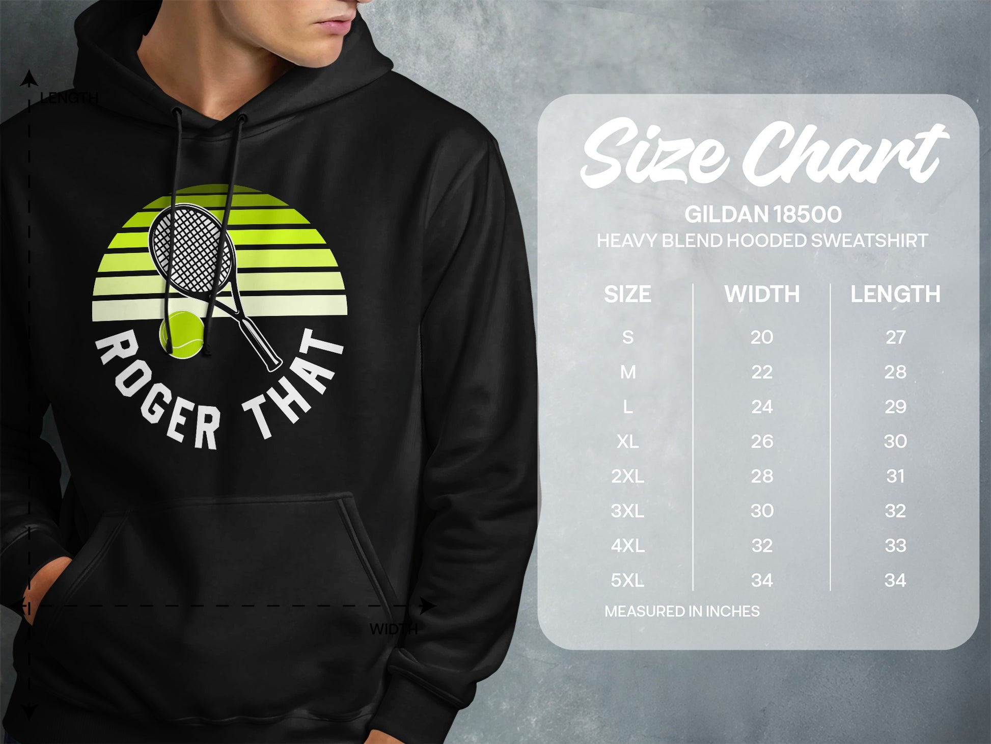 Size chart for Gildan 18500 hooded sweatshirt with tennis graphic.