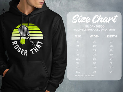Size chart for Gildan 18500 hooded sweatshirt with tennis graphic.