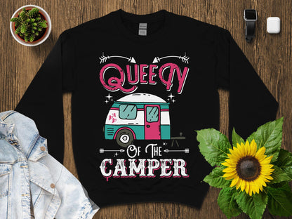 Black sweatshirt with "Queen of the Camper" text and a stylized camper van graphic.