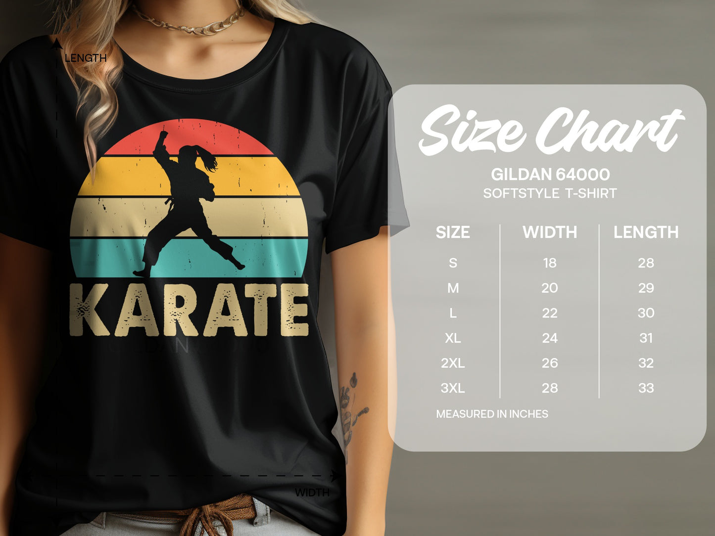 Black t-shirt with "Karate" graphic and a Gildan 64000 Softstyle T-Shirt size chart.
