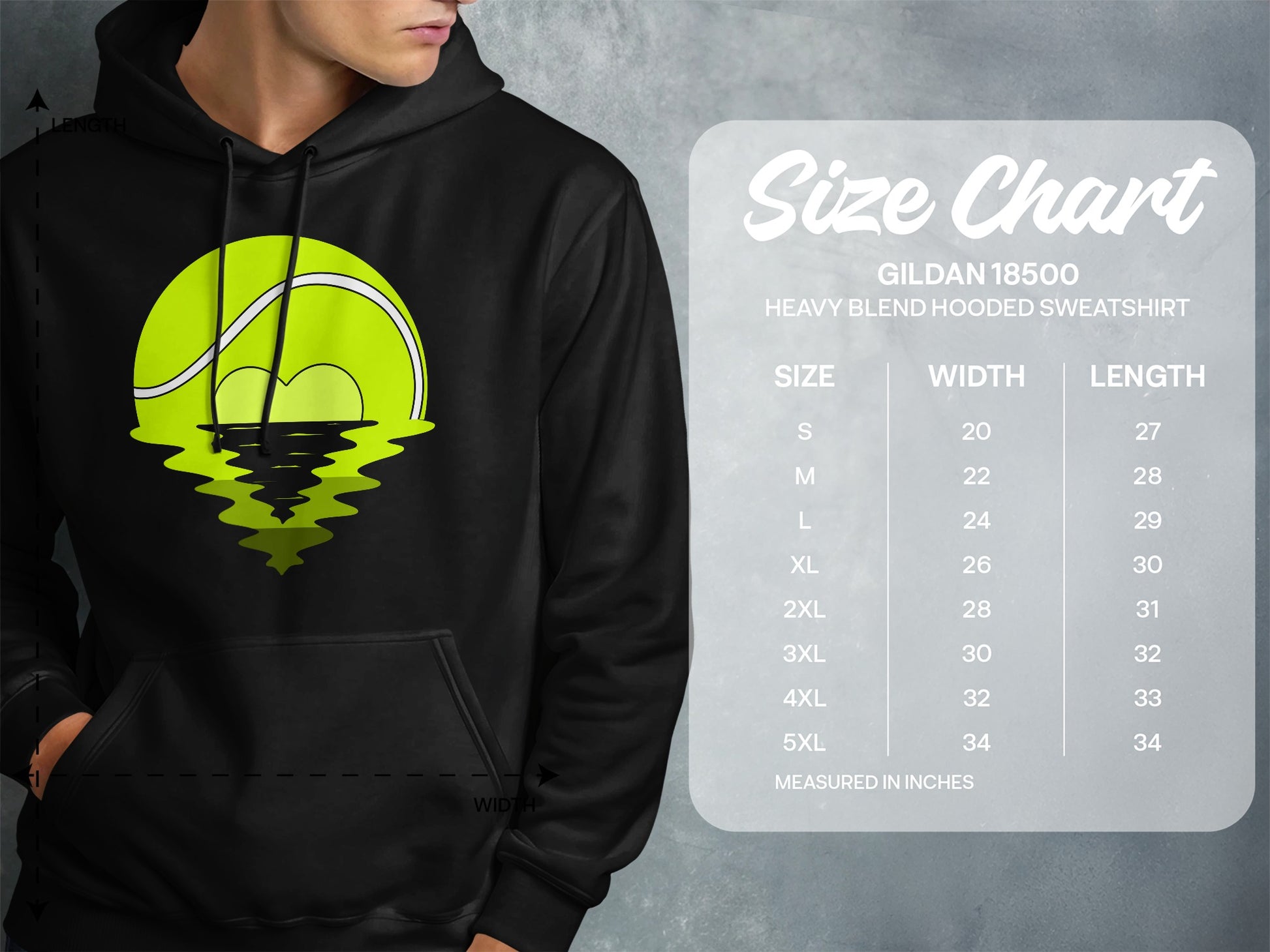 Gildan 18500 Heavy Blend hooded sweatshirt size chart with measurements.