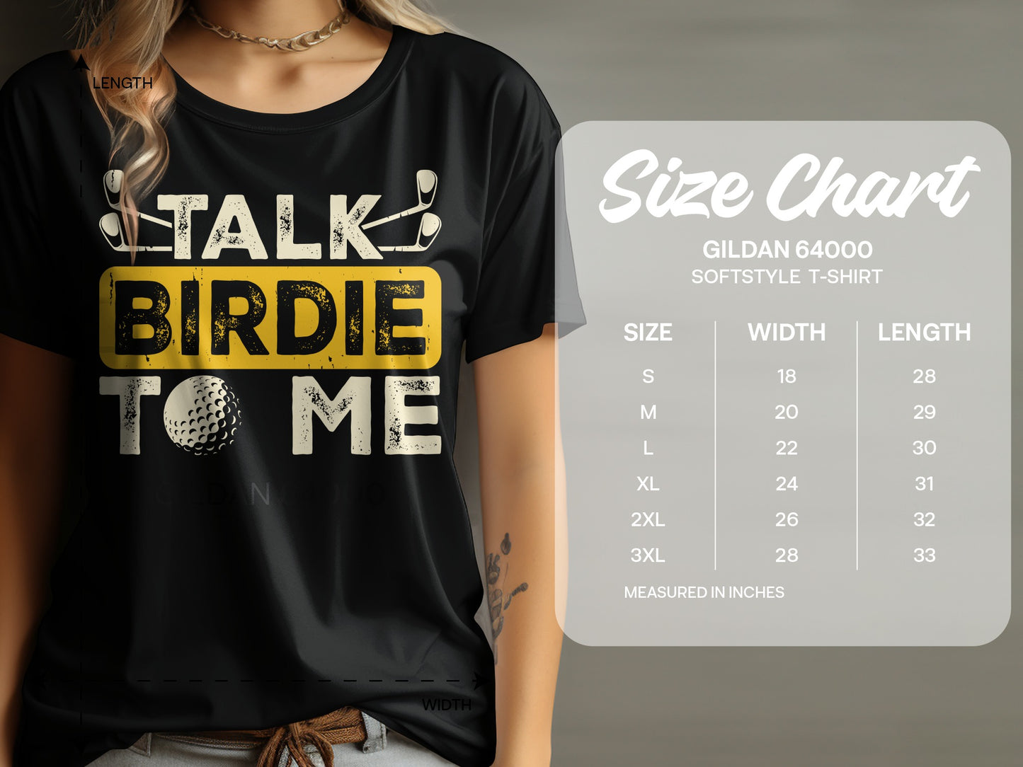 Black t-shirt with "Talk Birdie To Me" text, golf ball, and golf clubs; size chart included.