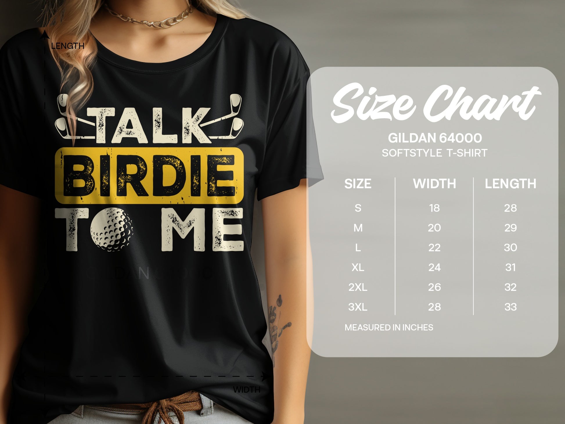Black t-shirt with "Talk Birdie To Me" text, golf ball, and golf clubs; size chart included.