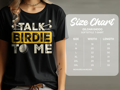 Black t-shirt with "Talk Birdie To Me" text, golf ball, and golf clubs; size chart included.