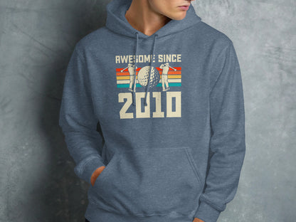 Retro graphic on blue hoodie: "Awesome Since 2010" with golf balls.
