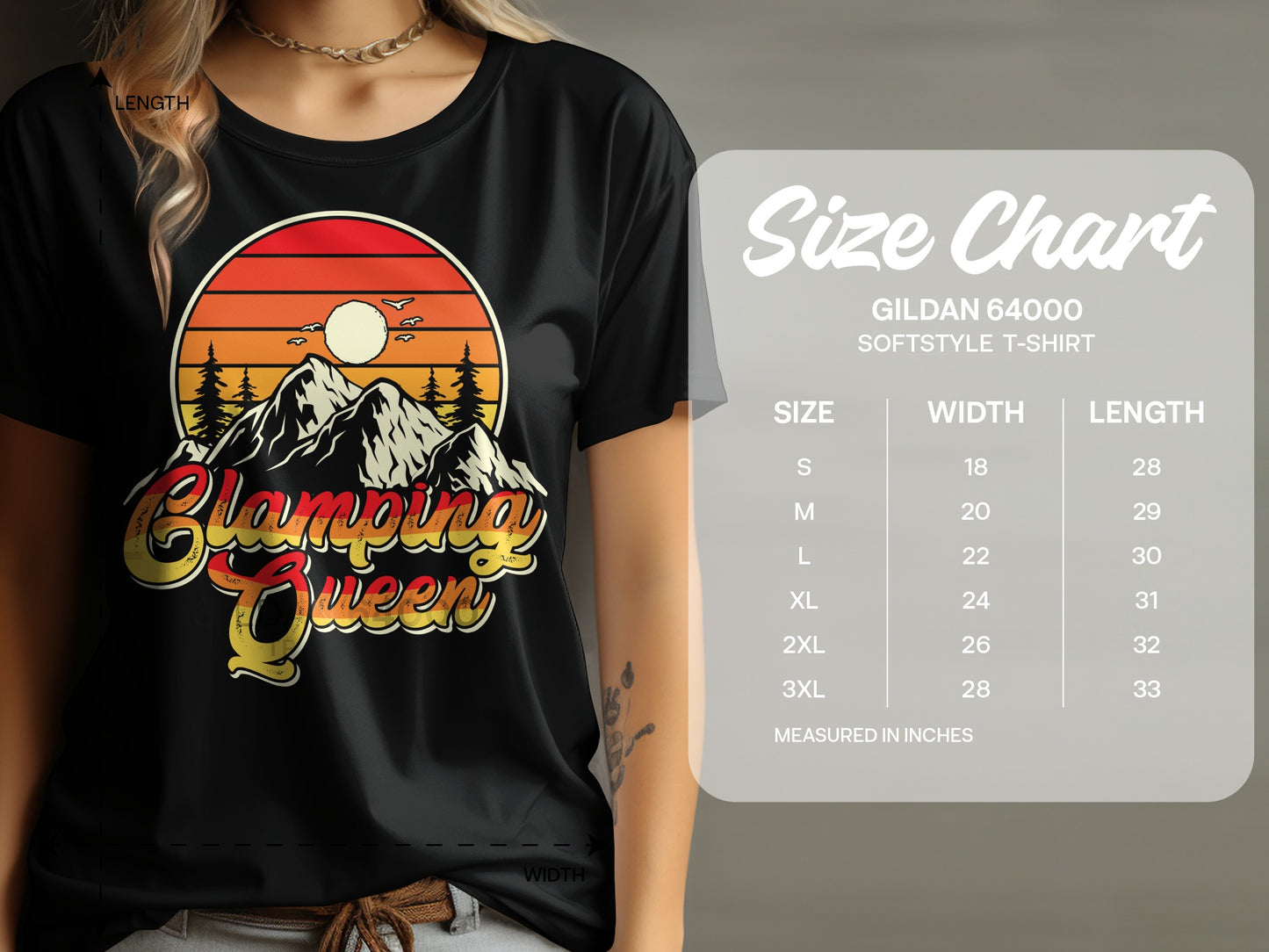 T-shirt with "Glamping Queen" text, mountains, and sunset graphic, next to a size chart.