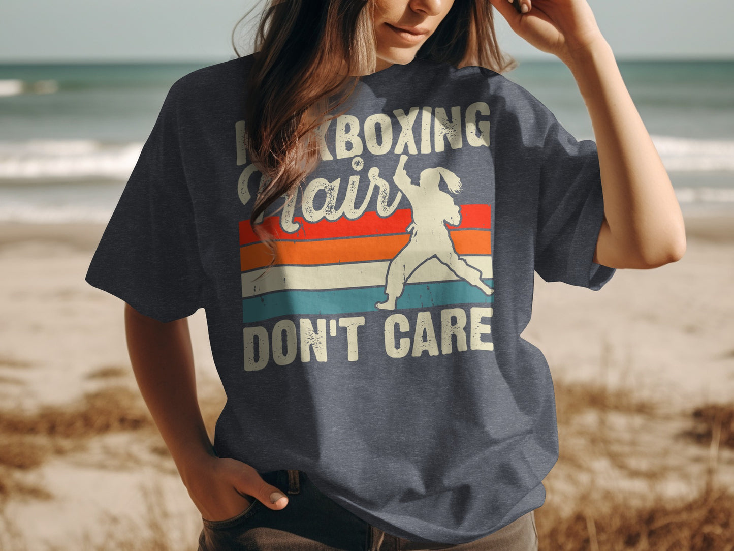 T-shirt with vintage boxing graphic and "Hair don't care" text.