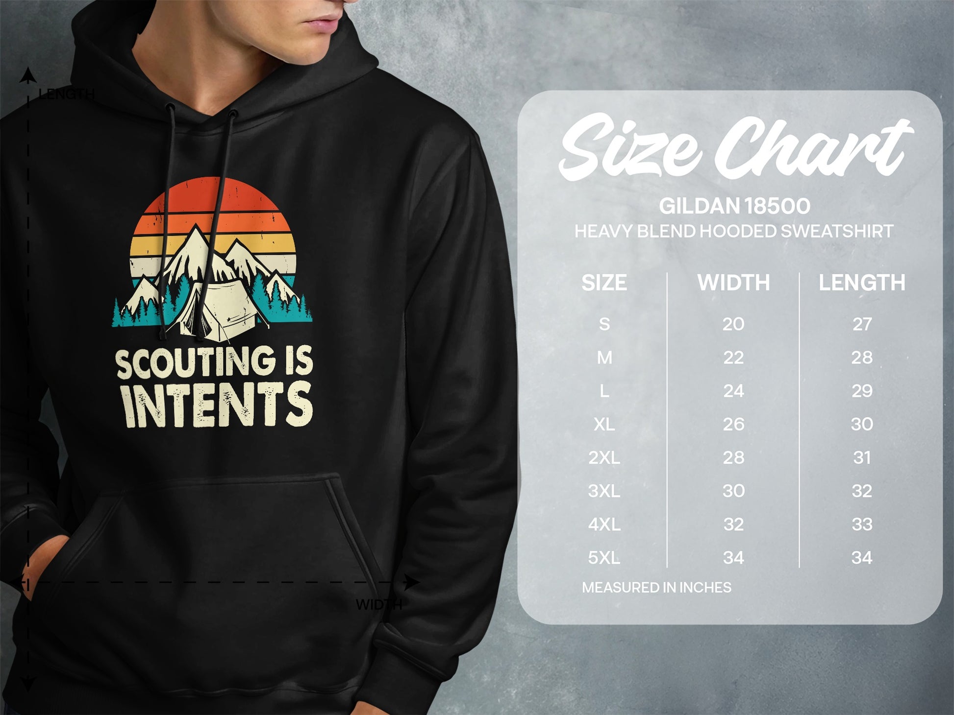 Hooded sweatshirt with "Scouting is Intents" graphic and size chart.