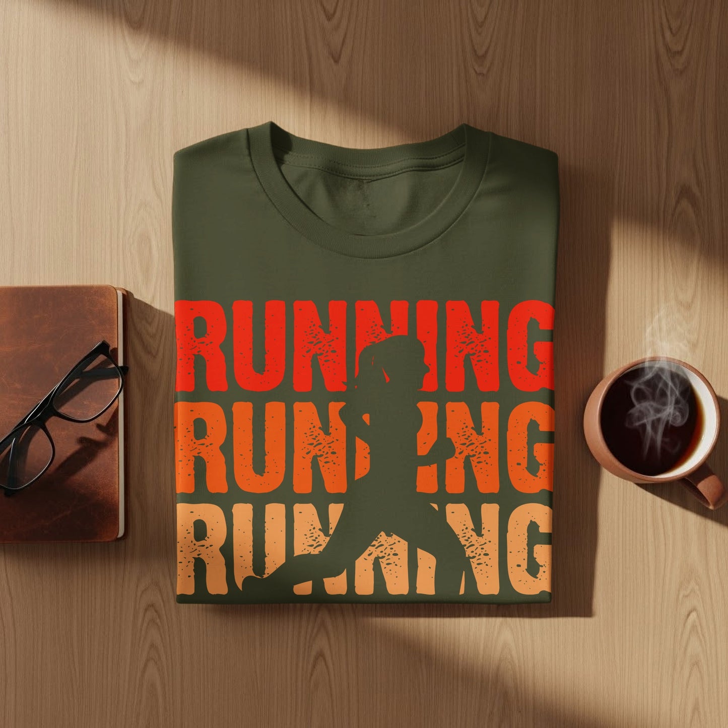 Olive t-shirt with "Running" text and a runner silhouette.