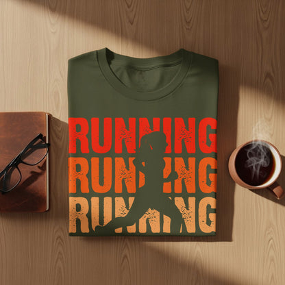 Olive t-shirt with "Running" text and a runner silhouette.