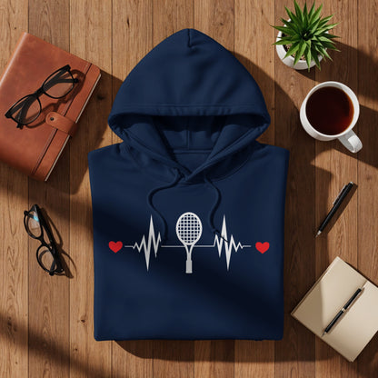 Navy blue hoodie with a white tennis racket heartbeat graphic.