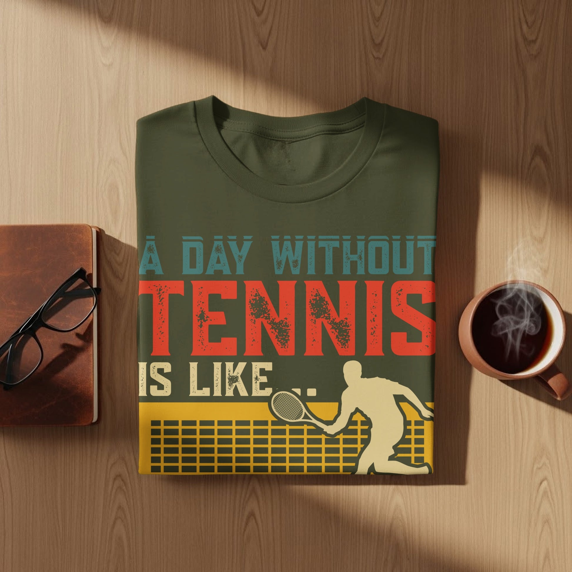 T-shirt with text "A day without TENNIS is like" and tennis player graphic.