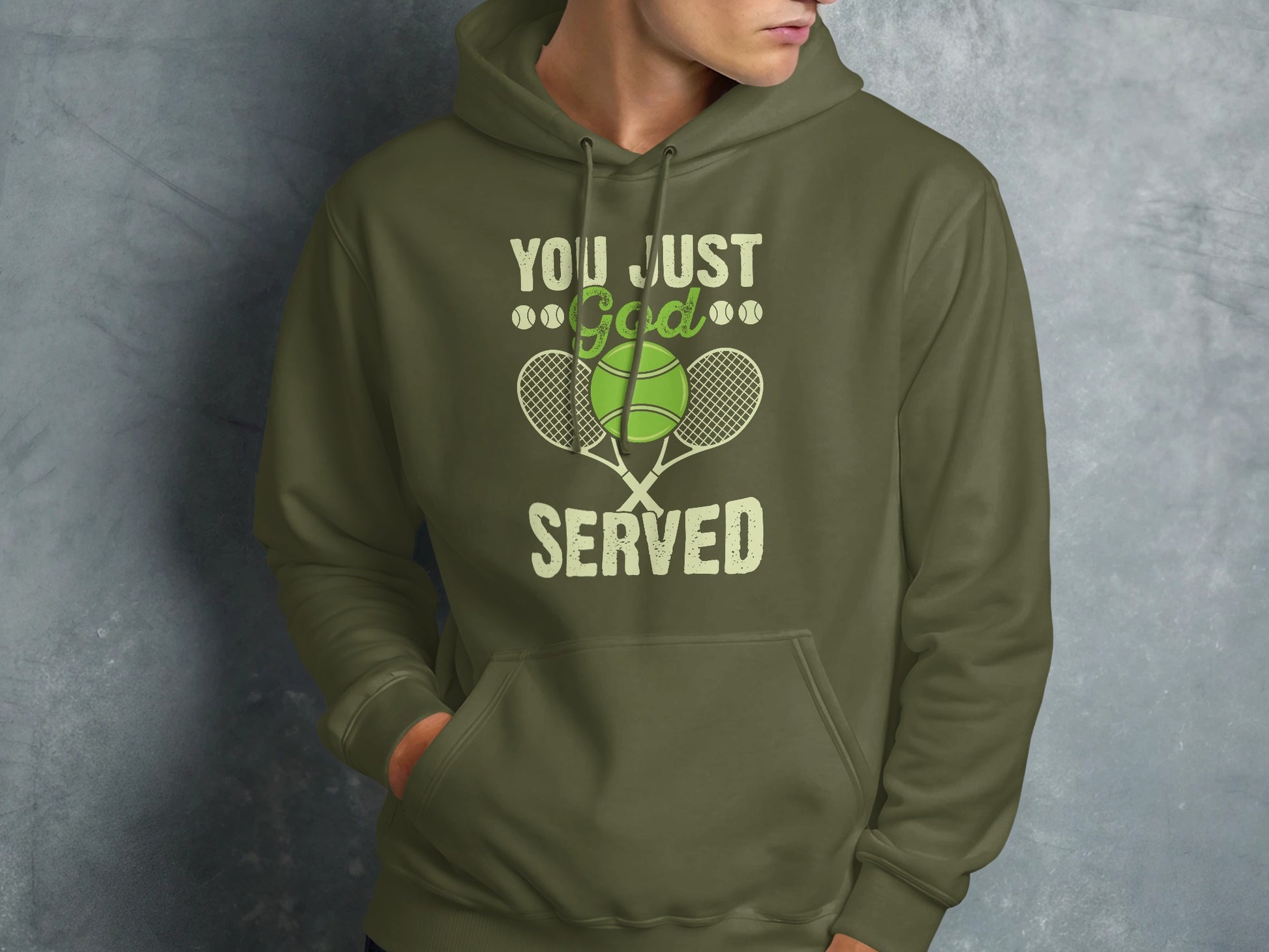 Green hoodie with "You Just God Served" and tennis rackets graphic.