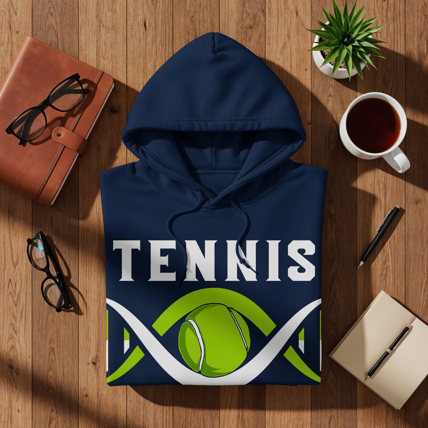Navy hoodie with "TENNIS" text and a tennis ball graphic.