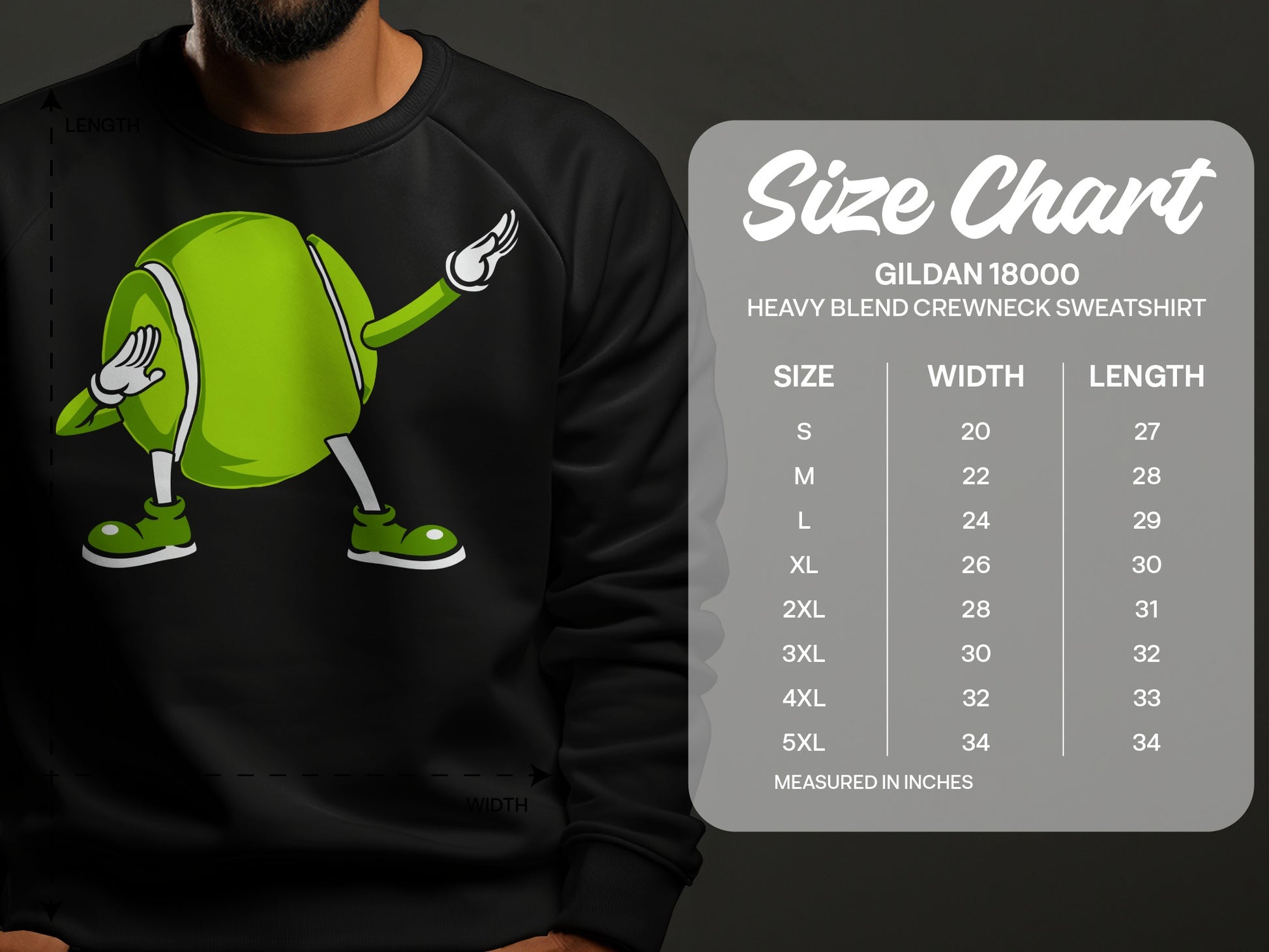 Gildan 18000 sweatshirt size chart with measurements in inches.