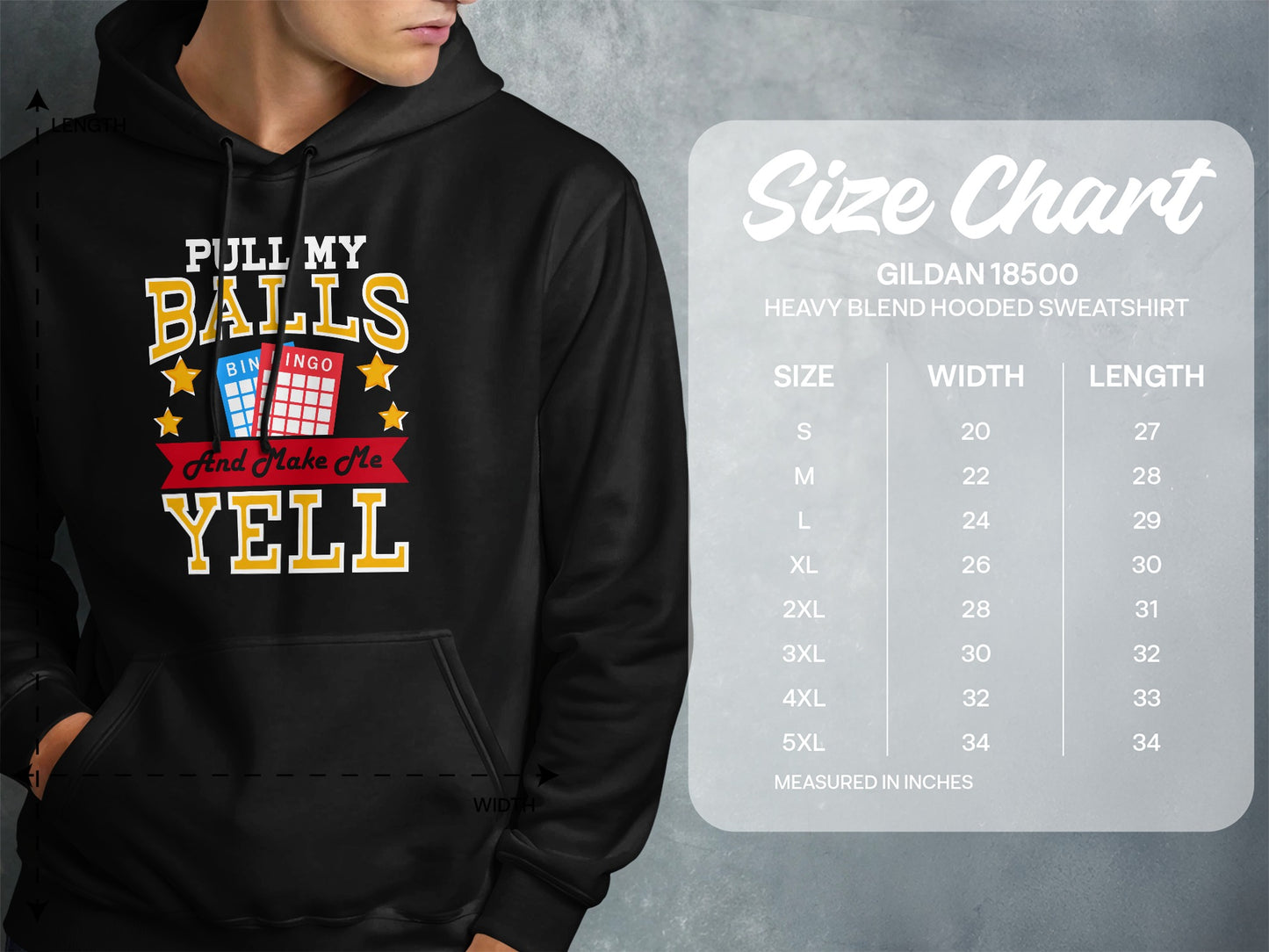 Hoodie with "PULL MY BALLS And Make Me YELL" text and size chart.