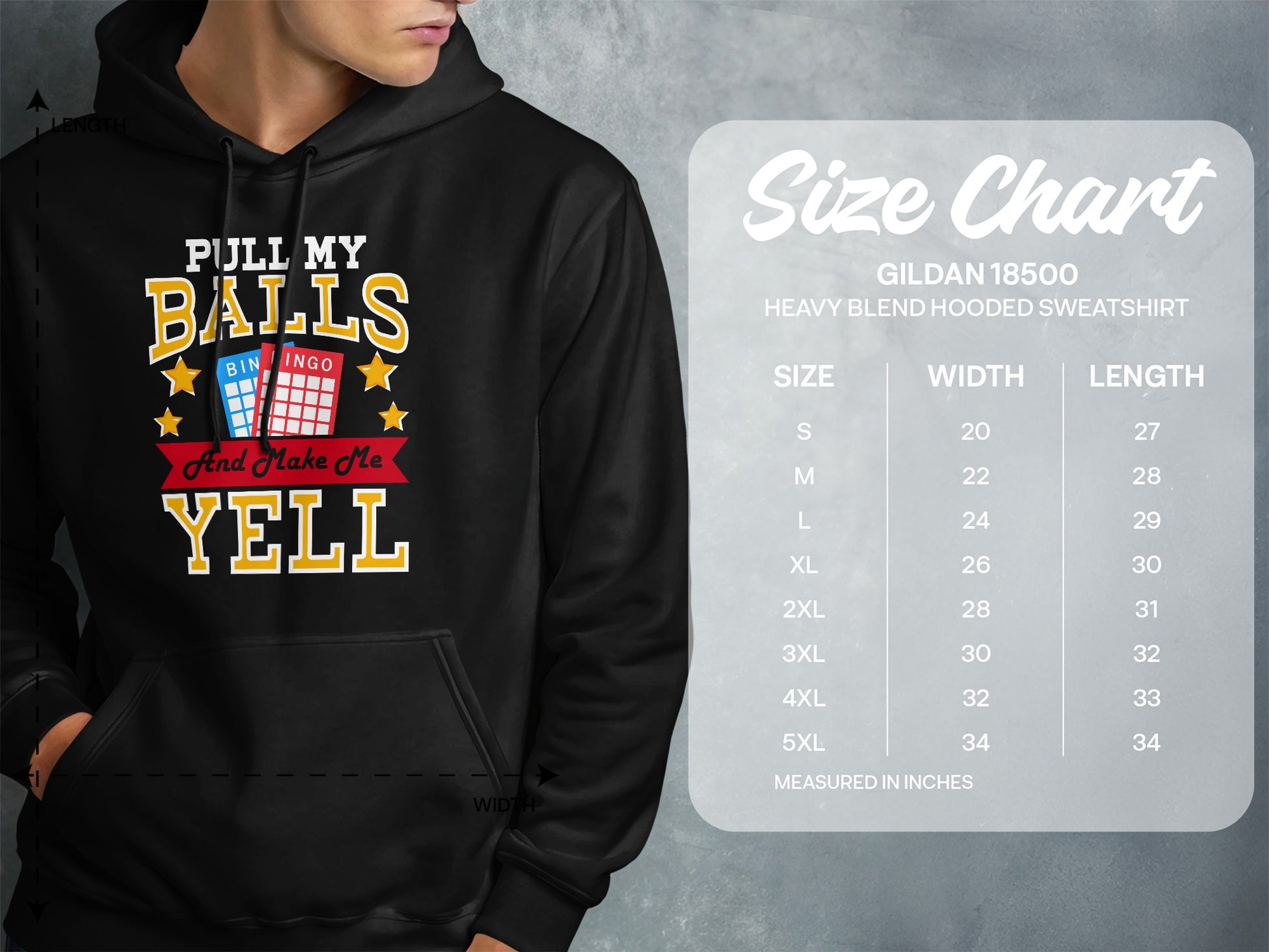 Hoodie with "PULL MY BALLS And Make Me YELL" text and size chart.