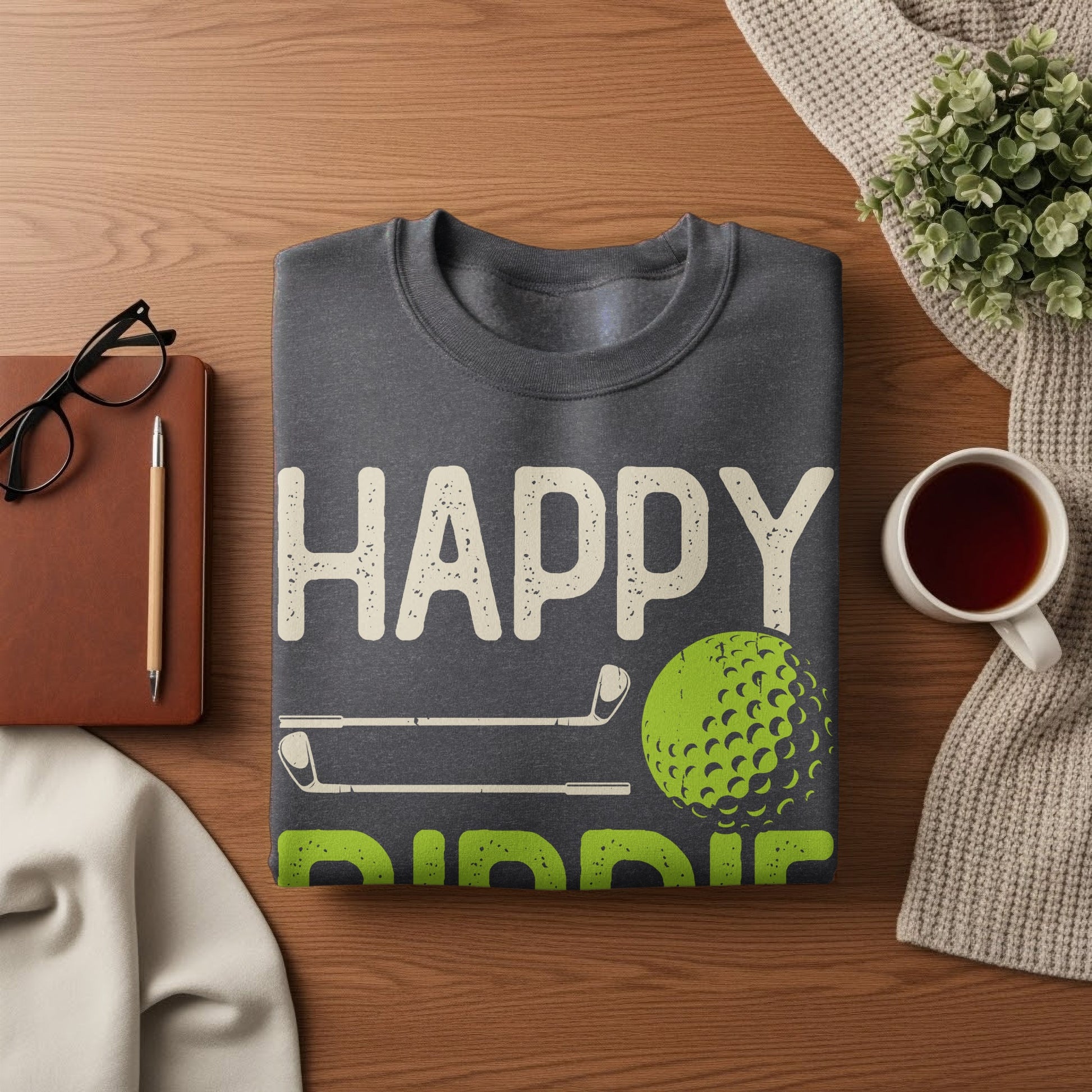 Dark gray sweatshirt with "HAPPY" and a golf ball, clubs, and "DADDIO" text.
